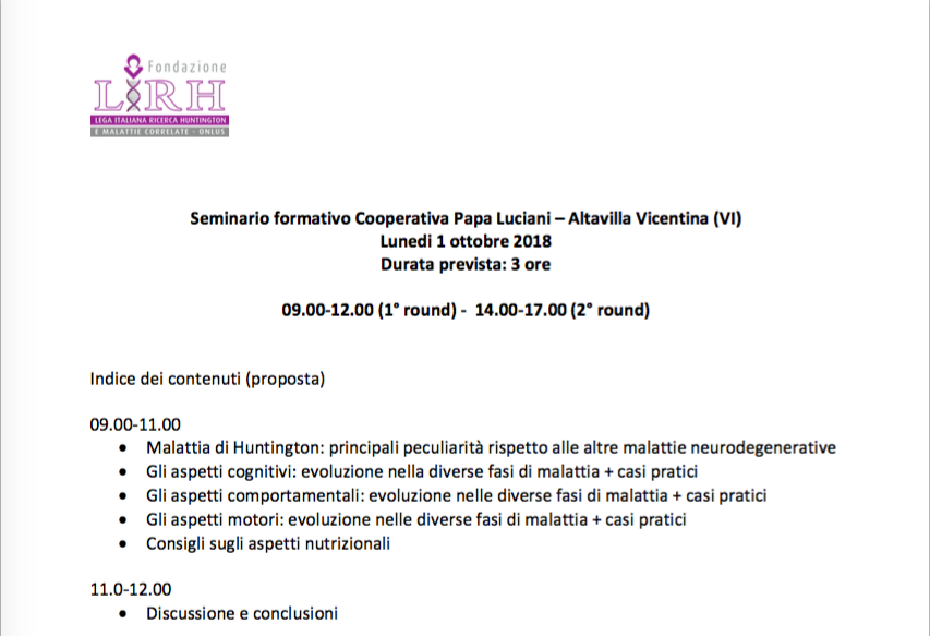 Corso di formazione sulla malattia di Huntington - Altavilla Vicentina 01 10 2018 Corso di formazione sulla malattia di Huntington - Altavilla Vicentina 01 10 2018